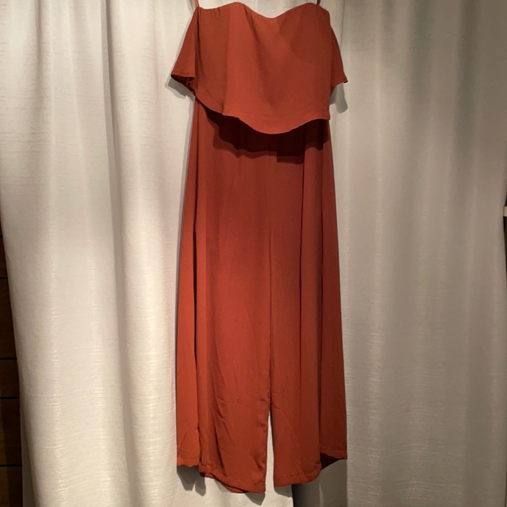 Rust strapless jumpsuit